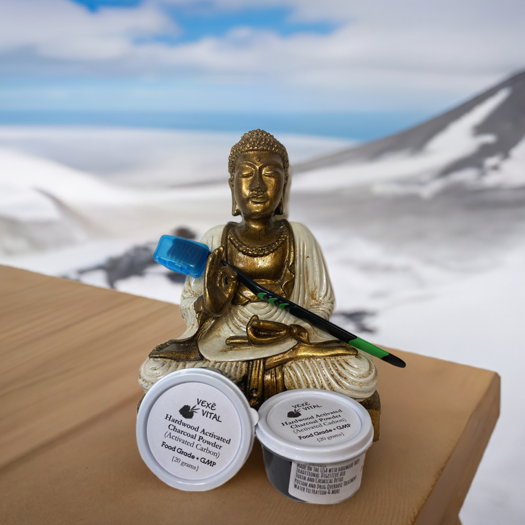 A decorative statue of a seated figure holding a container of activated charcoal teeth whitening powder, with the product and a toothbrush placed on a surface with a scenic backdrop.