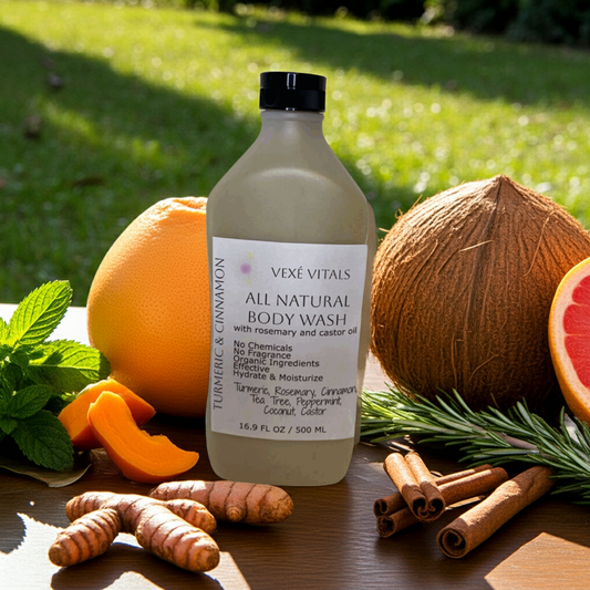 Body Wash surrounded by its ingredients