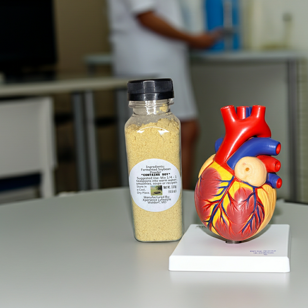 Model of a human heart and a container of powder on a table 