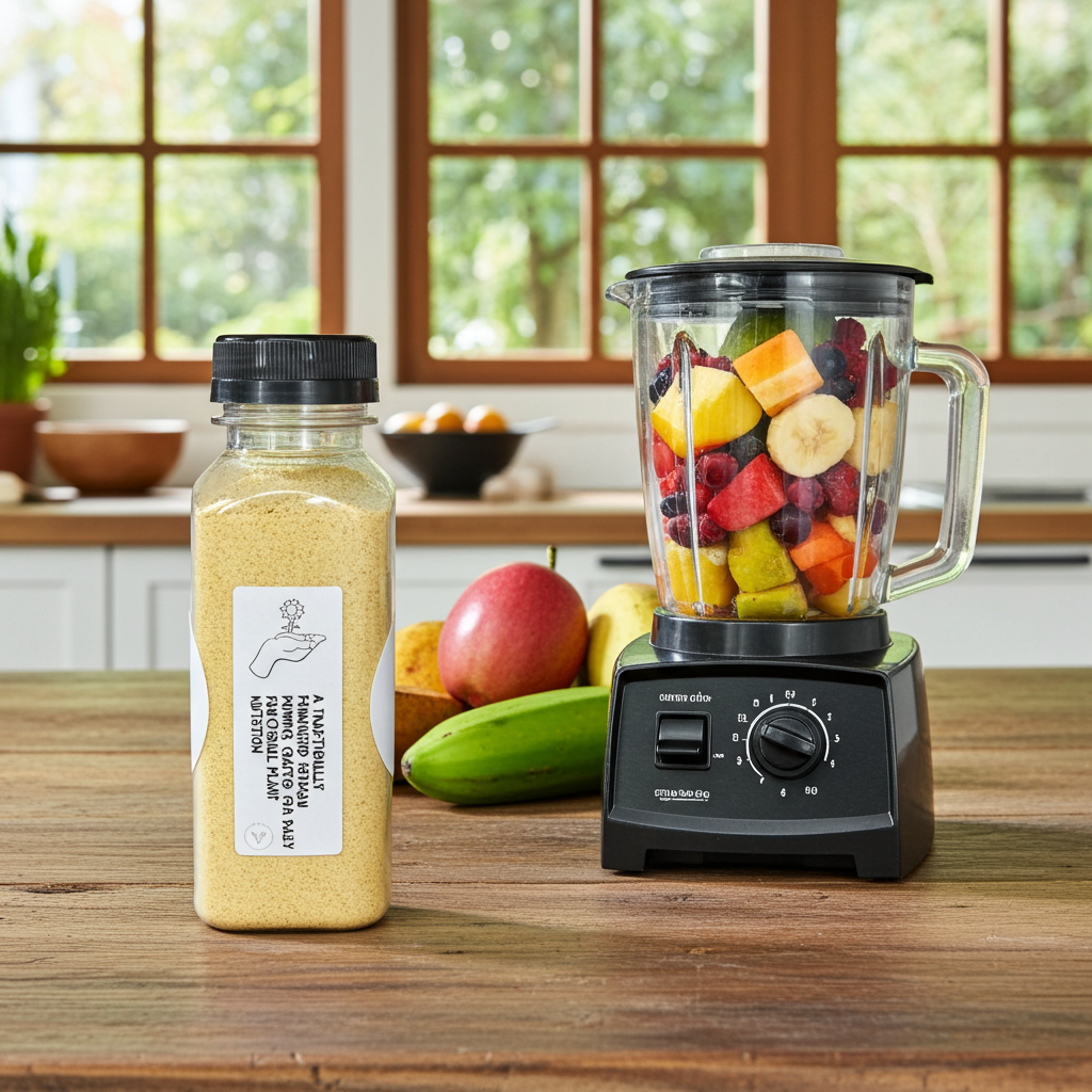 Blender with fruits and a container of fermented soybean powder on a kitchen counter