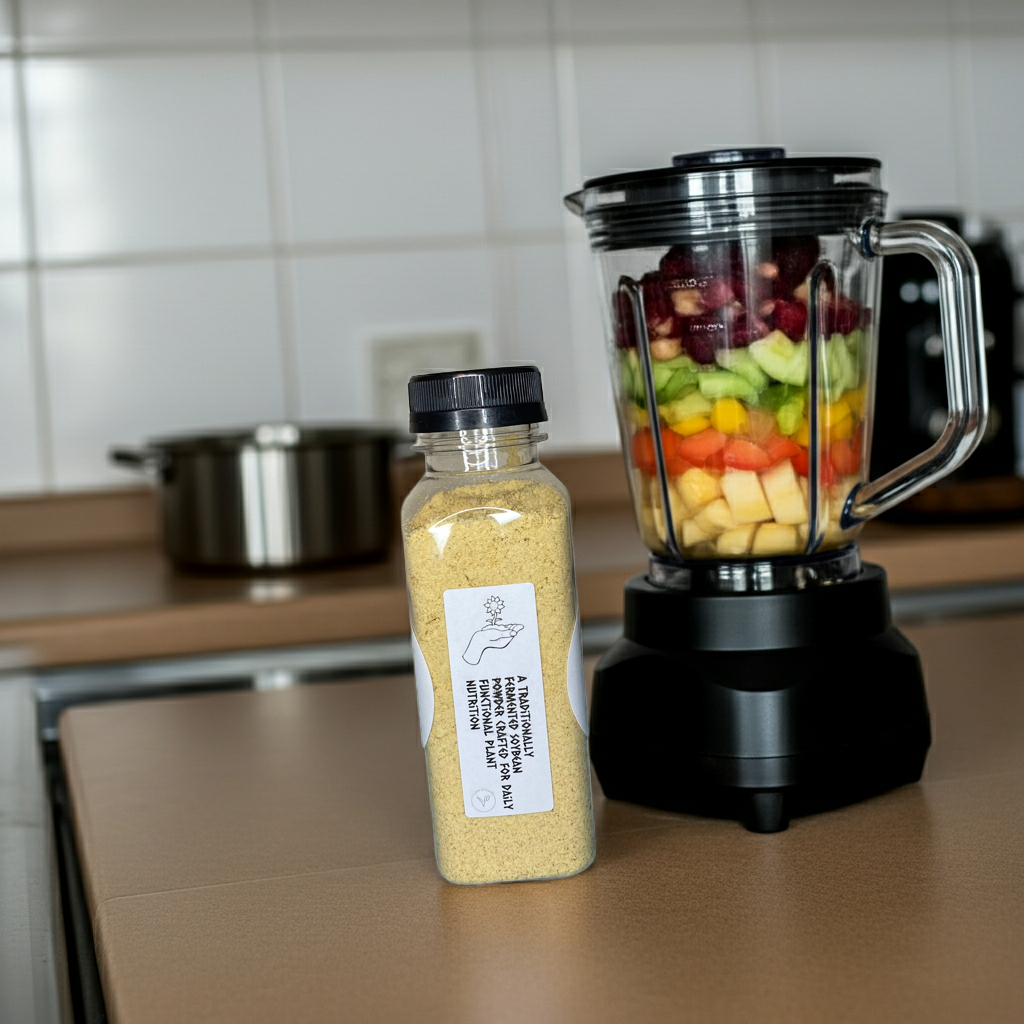 Blender with fruits and a bottle of fermented soybean powder on a kitchen counter.