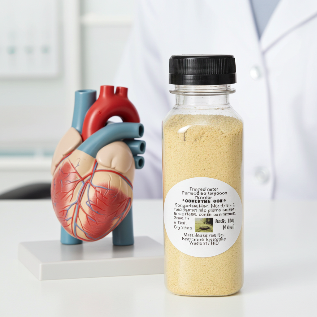 Model of a human heart next to a bottle of fermented soybean powder on a white surface.