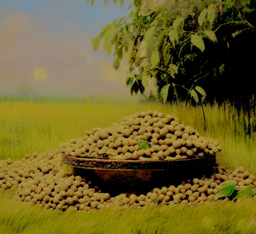 Pile of soybeans in a grassy field with a tree in the background