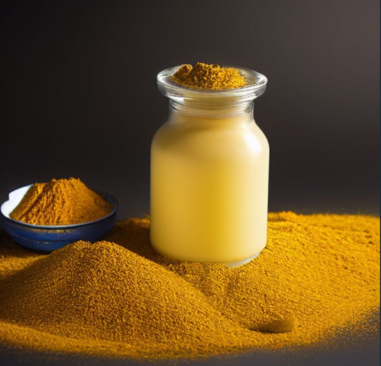 Glass bottle of fermented soybean powder with a bowl of fermented soybean powder on a dark background