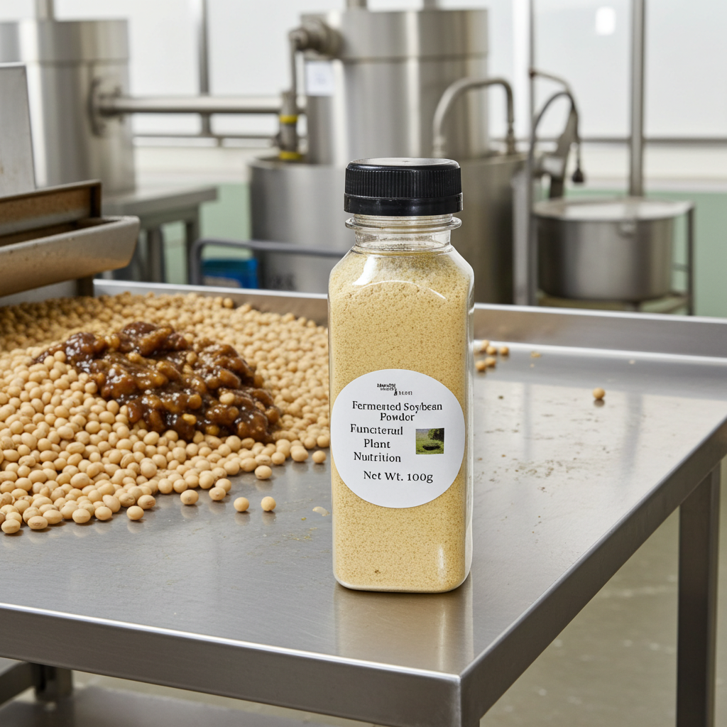 Bottle of fermented soybean powder on a table with soybeans in a factory setting